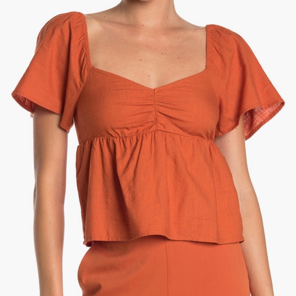 Nordstrom ABOUND Cinch Front Short Sleeve Shirt Rust Orange Amber Top Small S